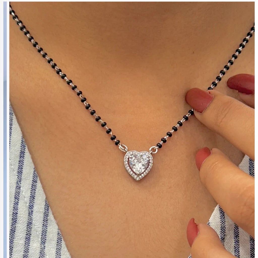 925 Pure Black Beads Mangalsutra with Heart Shape Pendant