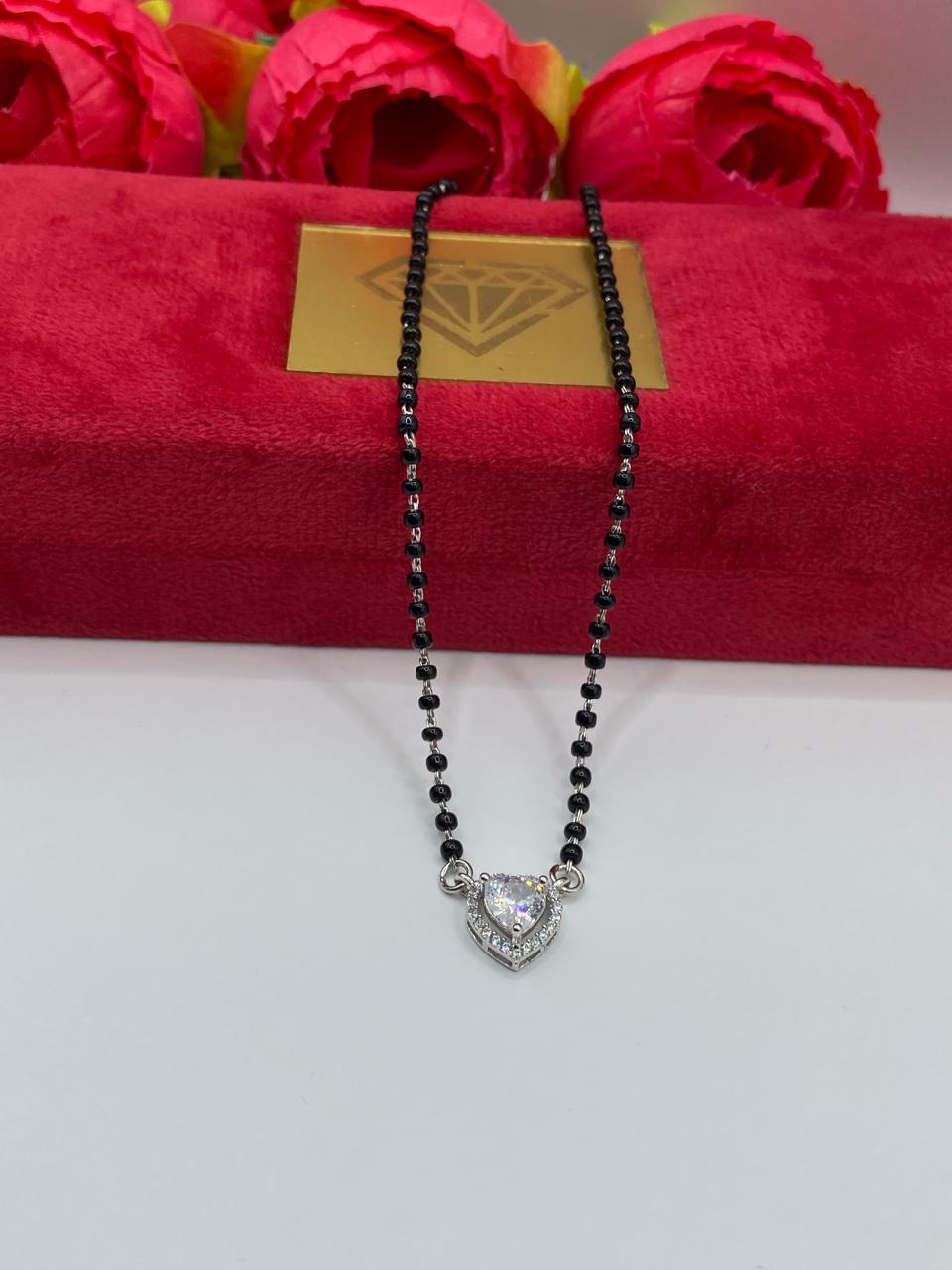 925 Pure Black Beads Mangalsutra with Heart Shape Pendant
