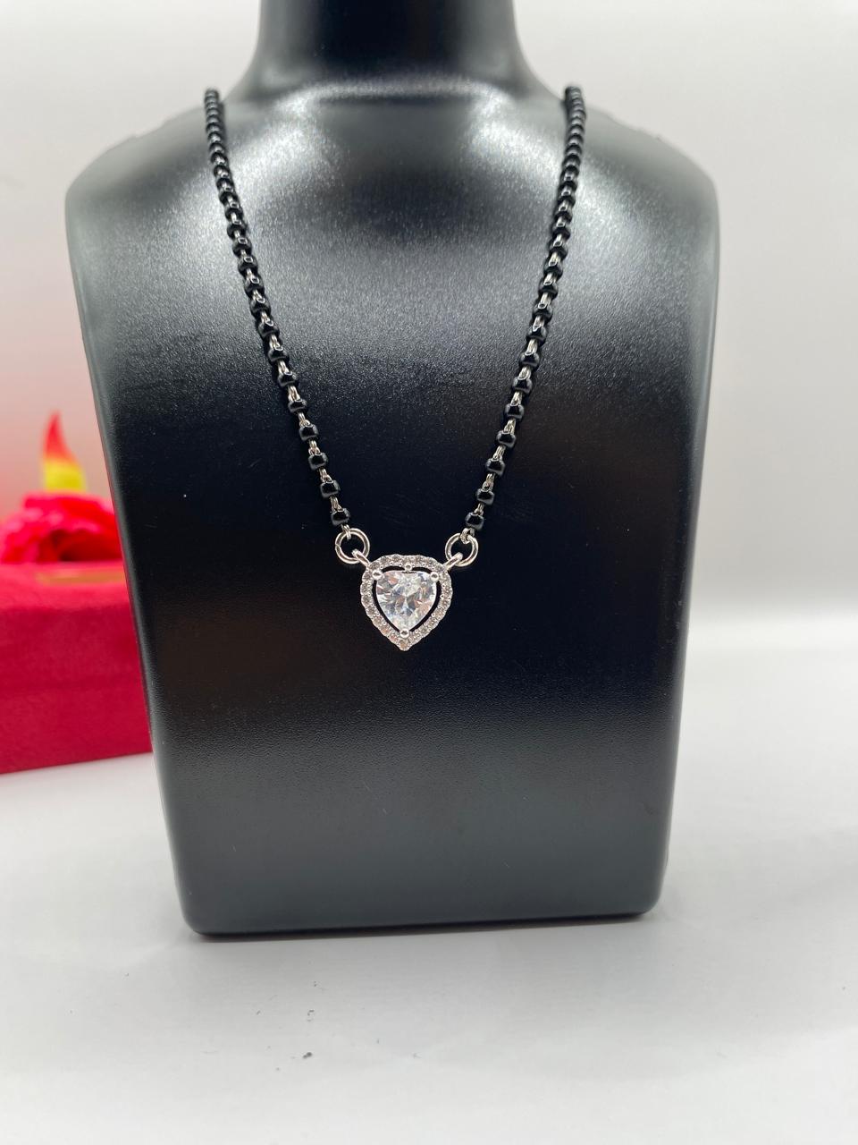 925 Pure Black Beads Mangalsutra with Heart Shape Pendant